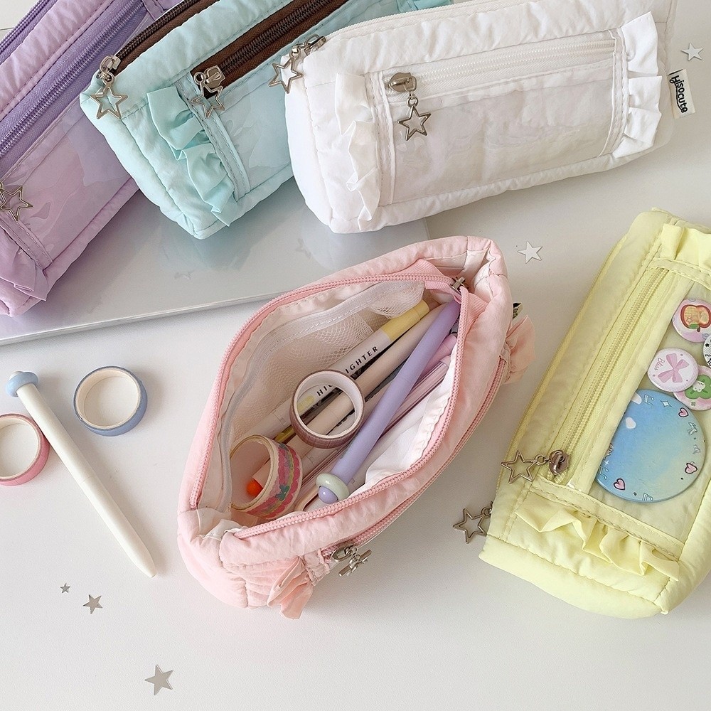 Aesthetic Large Pencil Case Pouch - حقيبة قرطاسية كورية مزخرفة الحواف من
